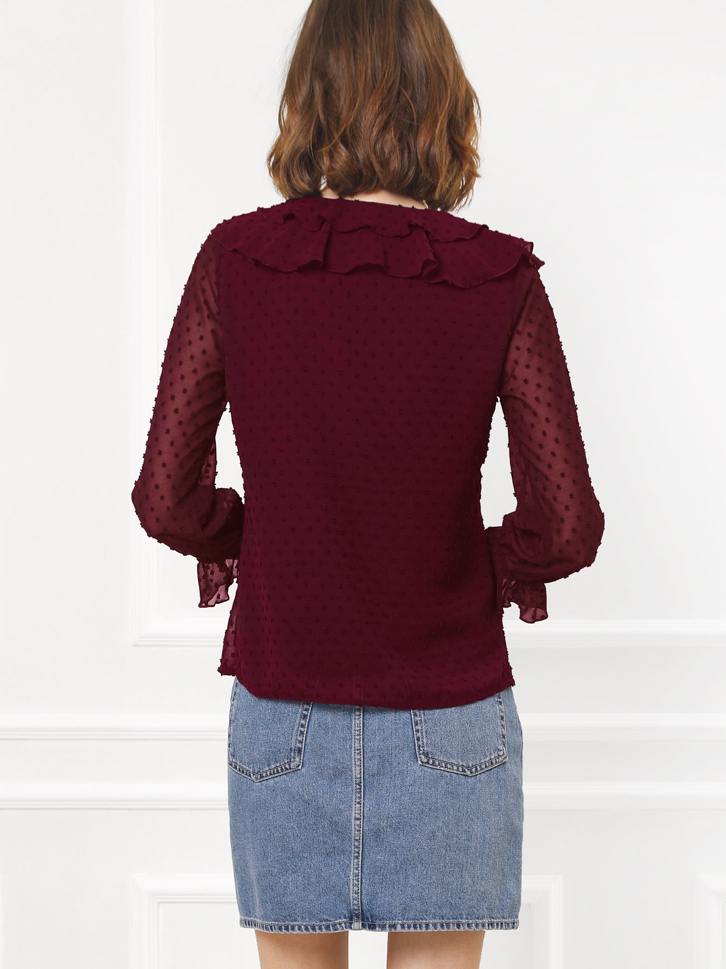 Women's Swiss Dots Bracelet Sleeves Chiffon Boho Ruffle Neck Blouse