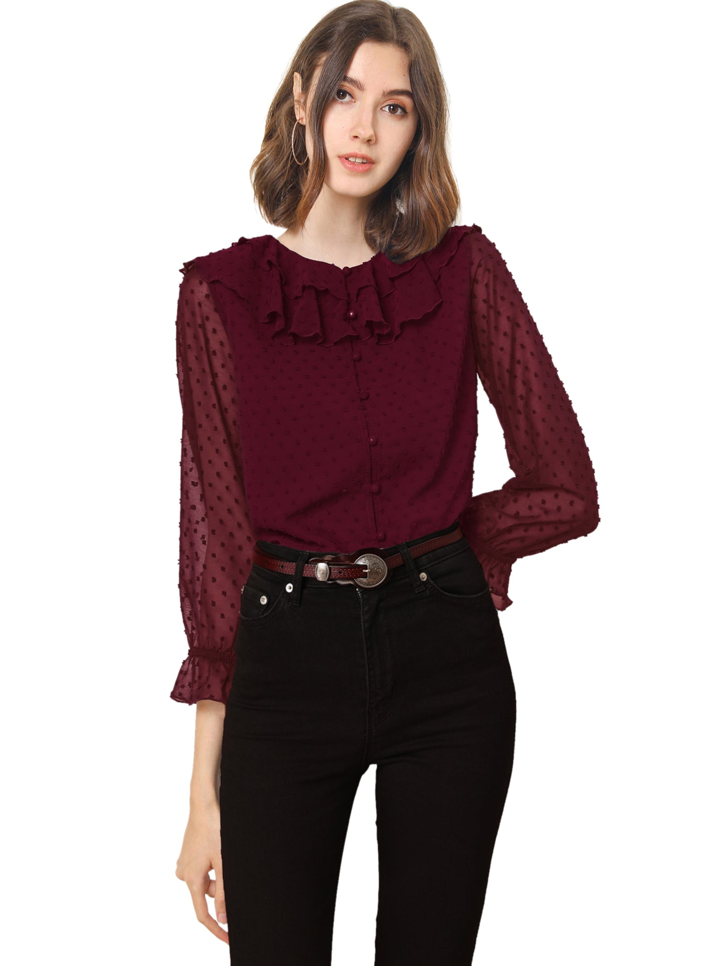 Women's Swiss Dots Bracelet Sleeves Chiffon Boho Ruffle Neck Blouse