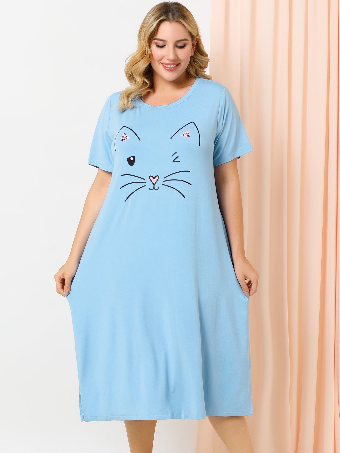 Women's Plus Size Nightgowns Pajama Dress Cute Cat Loose Loungewear with Pockets