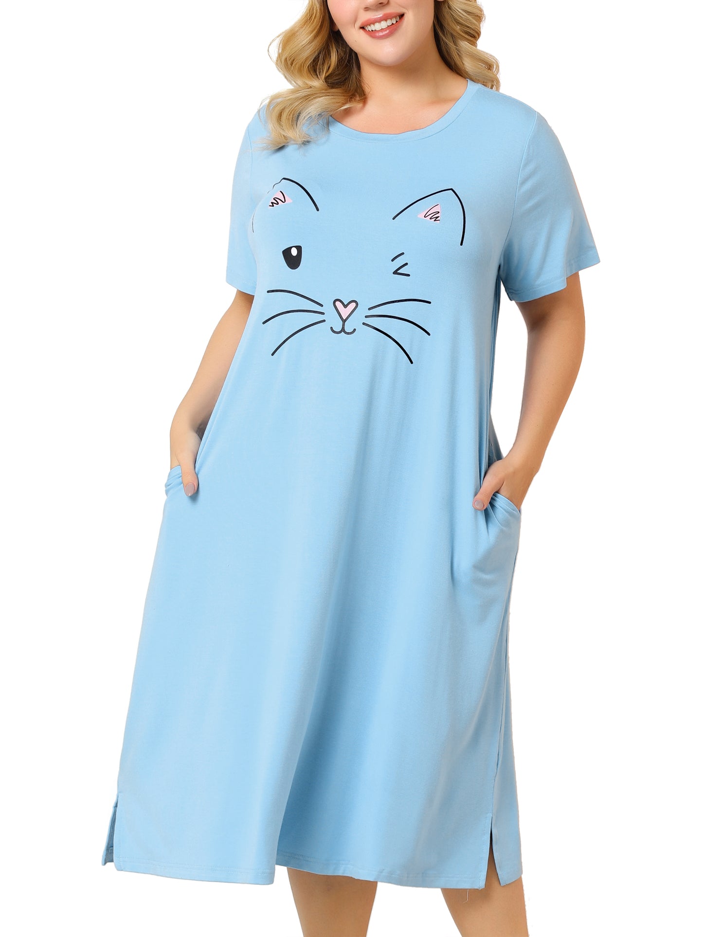 Women's Plus Size Nightgowns Pajama Dress Cute Cat Loose Loungewear with Pockets