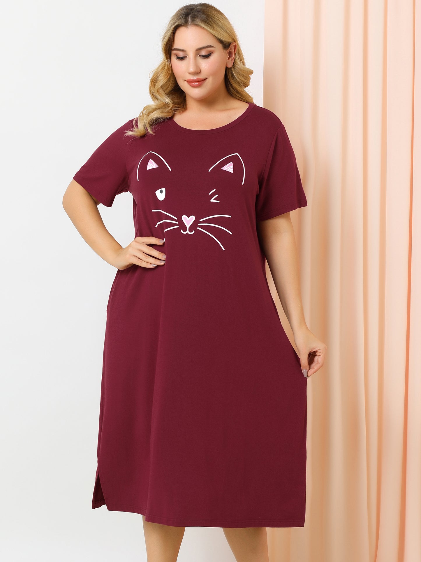 Women's Plus Size Nightgowns Pajama Dress Cute Cat Loose Loungewear with Pockets