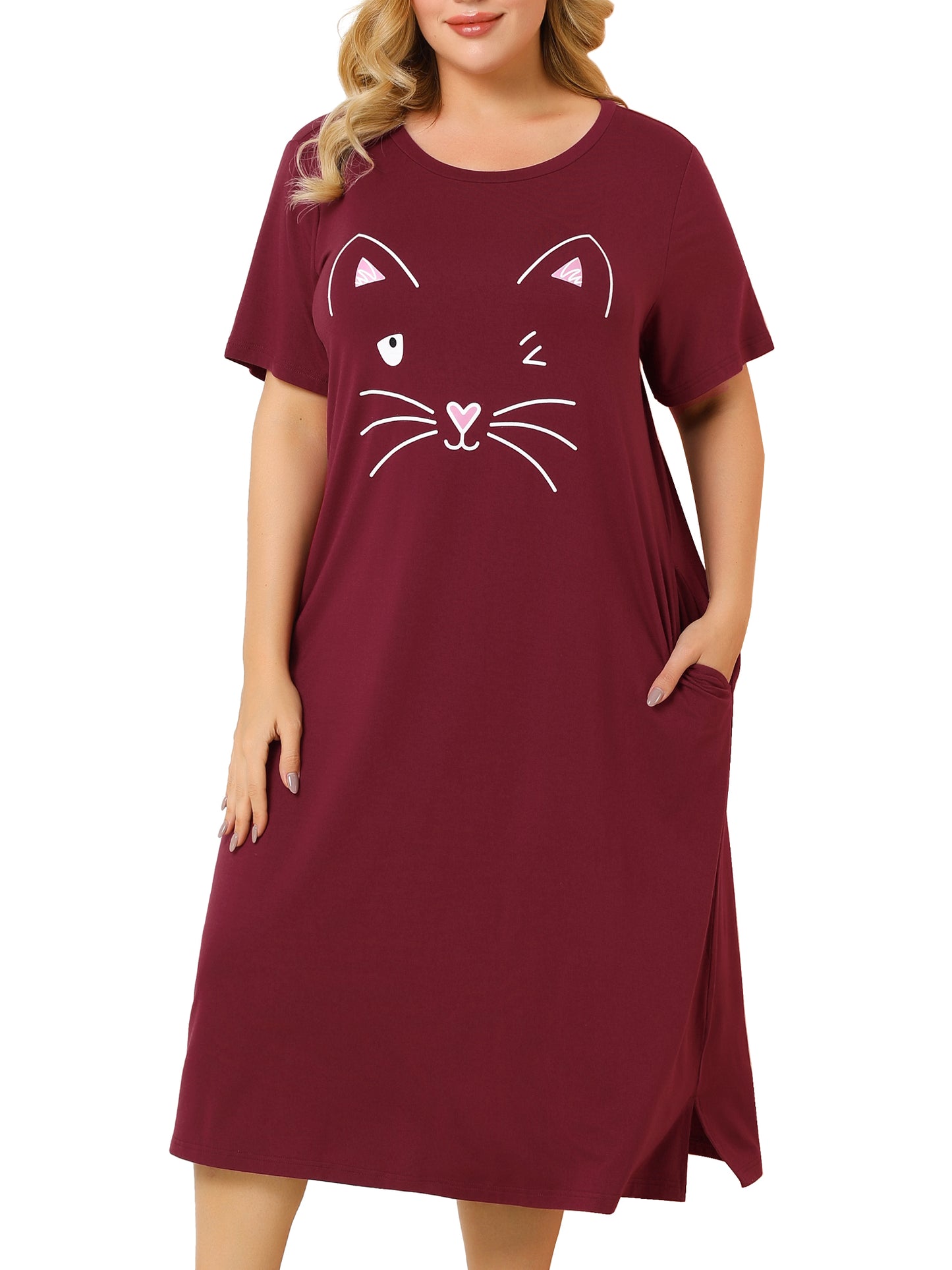 Women's Plus Size Nightgowns Pajama Dress Cute Cat Loose Loungewear with Pockets