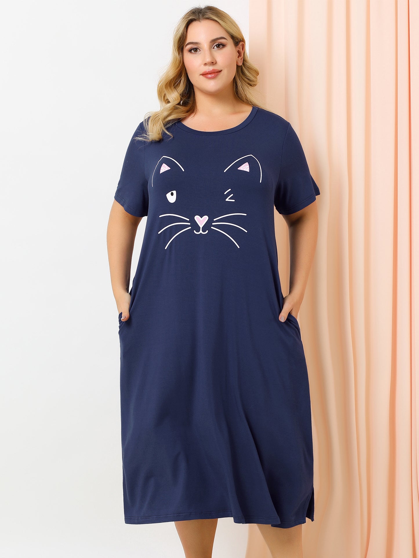 Women's Plus Size Nightgowns Pajama Dress Cute Cat Loose Loungewear with Pockets