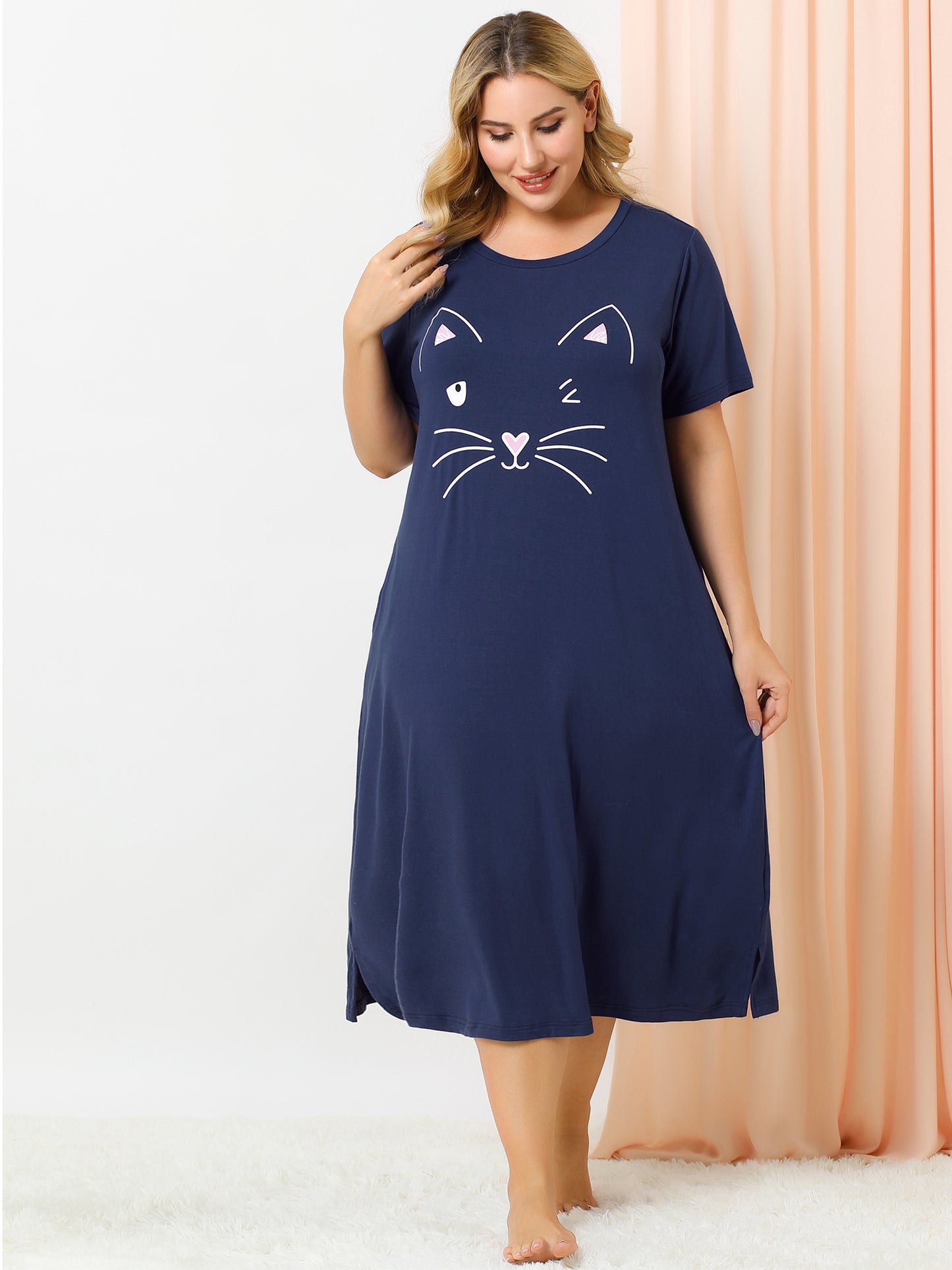 Women's Plus Size Nightgowns Pajama Dress Cute Cat Loose Loungewear with Pockets
