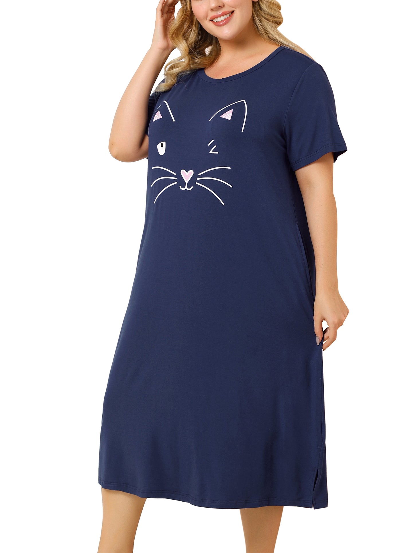 Women's Plus Size Nightgowns Pajama Dress Cute Cat Loose Loungewear with Pockets