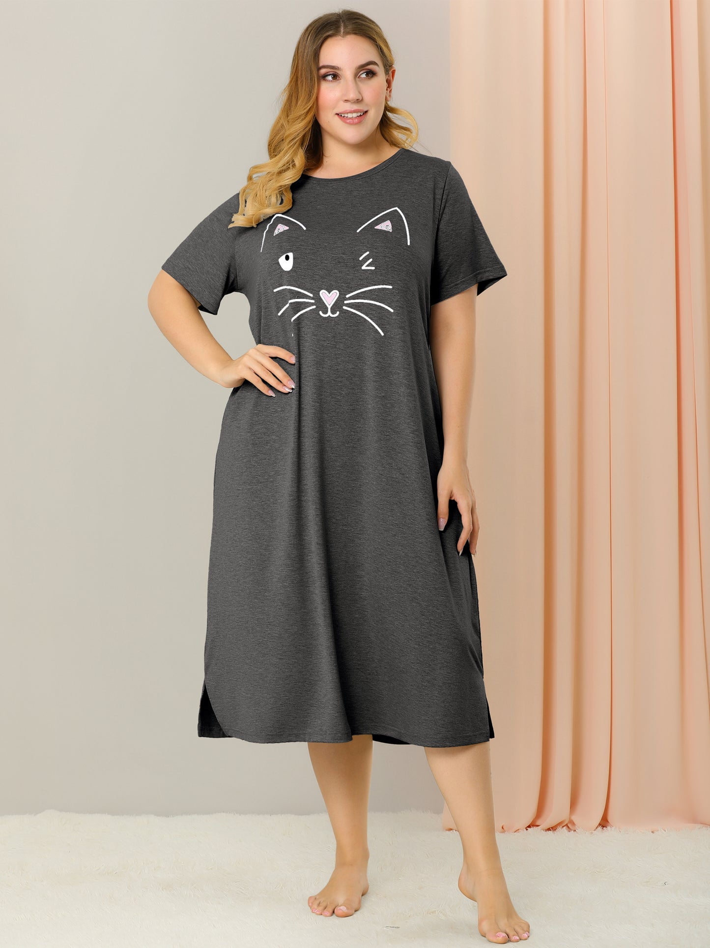 Women's Plus Size Nightgowns Pajama Dress Cute Cat Loose Loungewear with Pockets