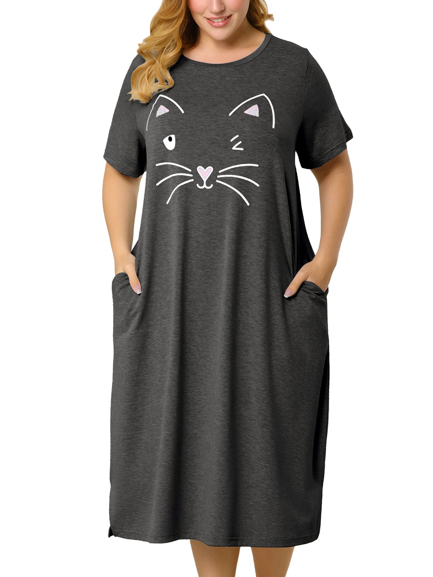Women's Plus Size Nightgowns Pajama Dress Cute Cat Loose Loungewear with Pockets