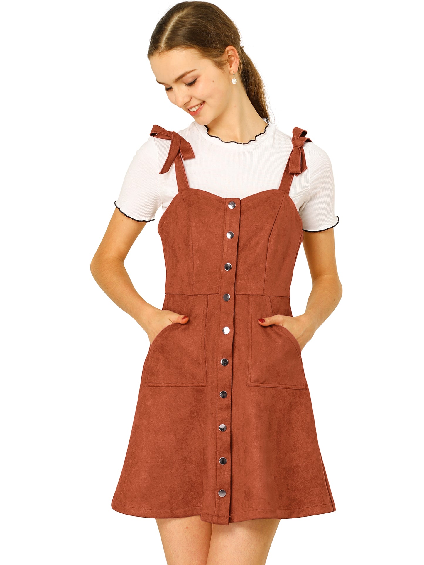 Women's Button Down Pockets Sleeveless Faux Suede Pinafore Overall Dress