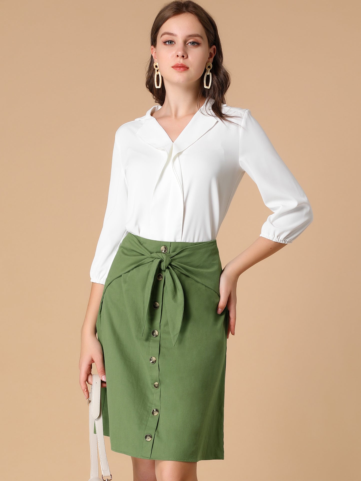 Women's Bow Tie Knot High Waist Buttons Decor Cotton A-line Knee Length Skirt