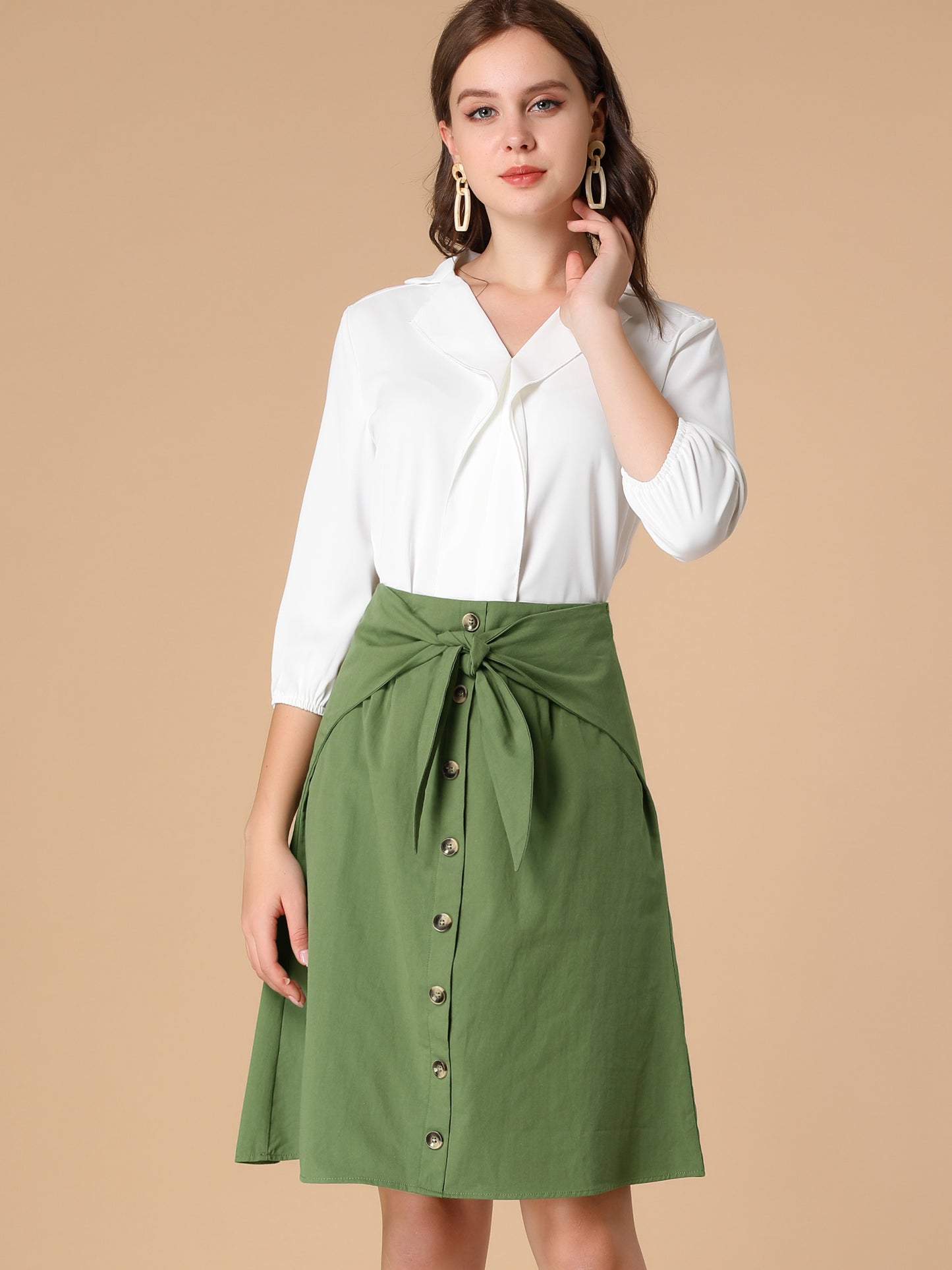 Women's Bow Tie Knot High Waist Buttons Decor Cotton A-line Knee Length Skirt