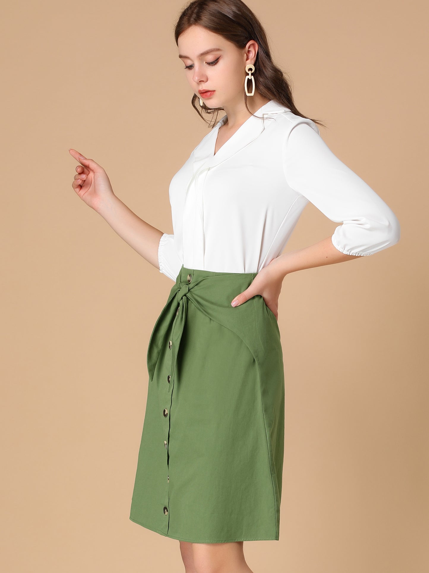 Women's Bow Tie Knot High Waist Buttons Decor Cotton A-line Knee Length Skirt