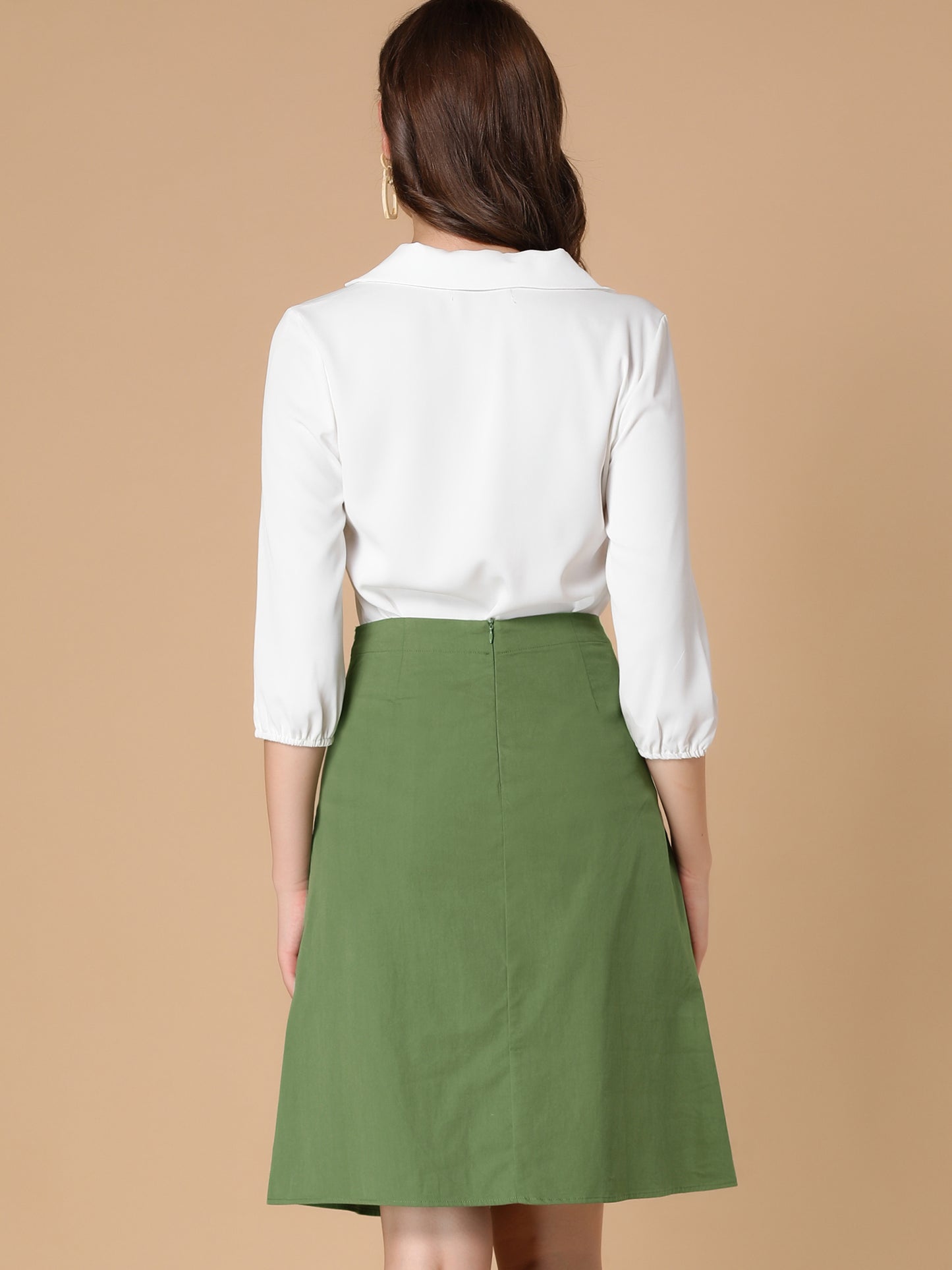 Women's Bow Tie Knot High Waist Buttons Decor Cotton A-line Knee Length Skirt