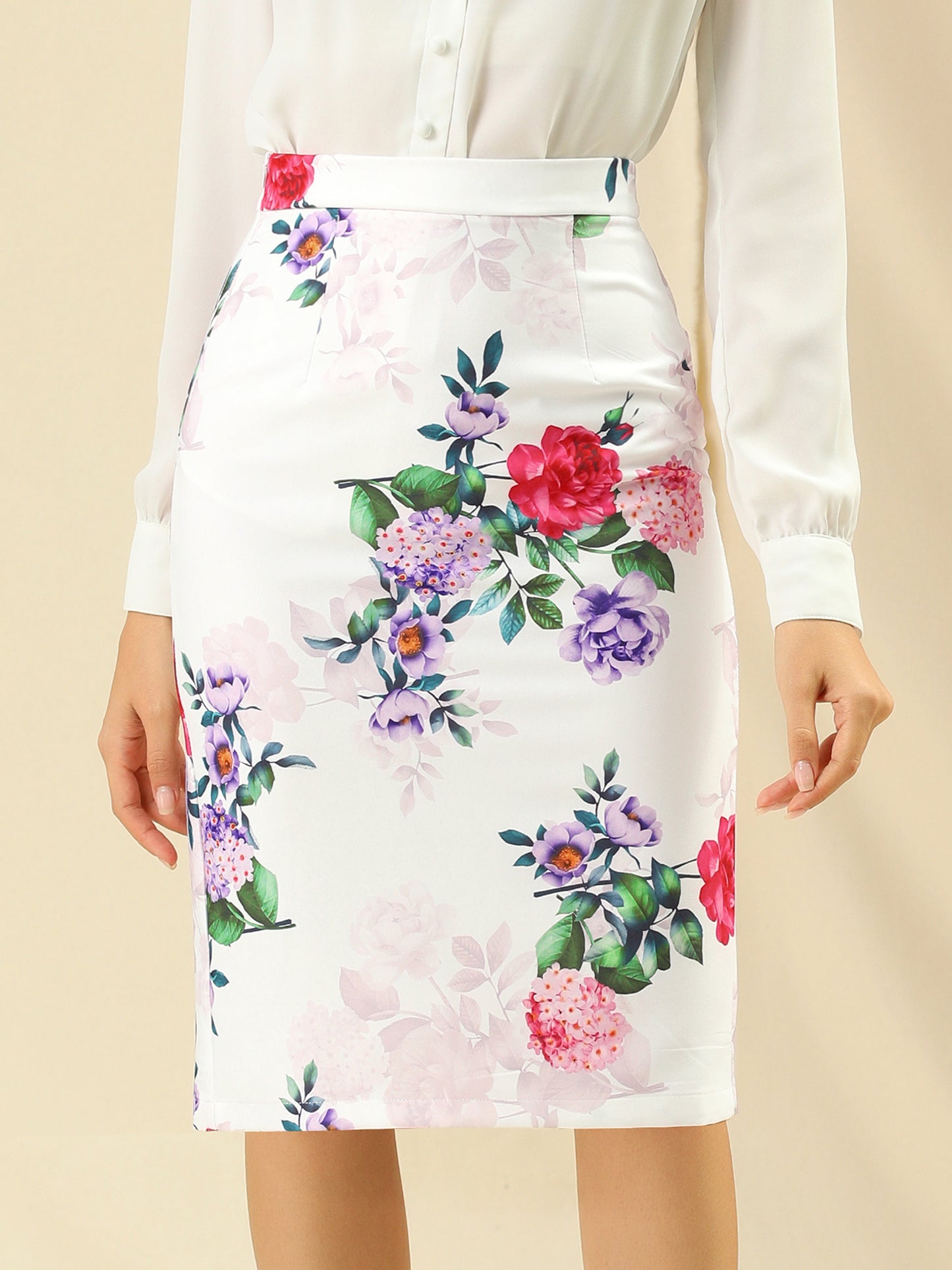 Falda tubo ajustada con cintura elástica y estampado floral para mujer con abertura en la espalda