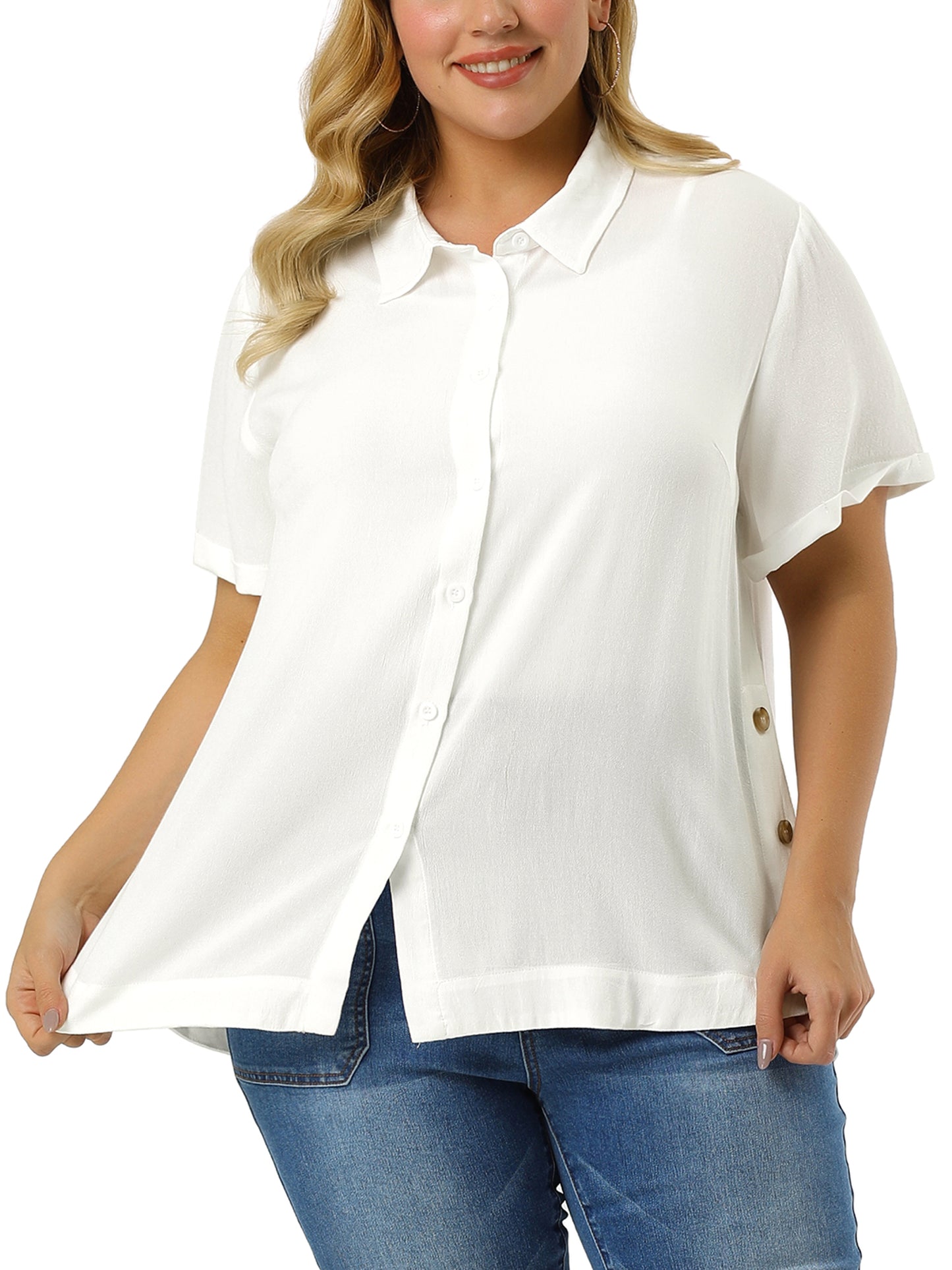 Women Plus Size Shirt Short Sleeve Collar Button Front Work Top