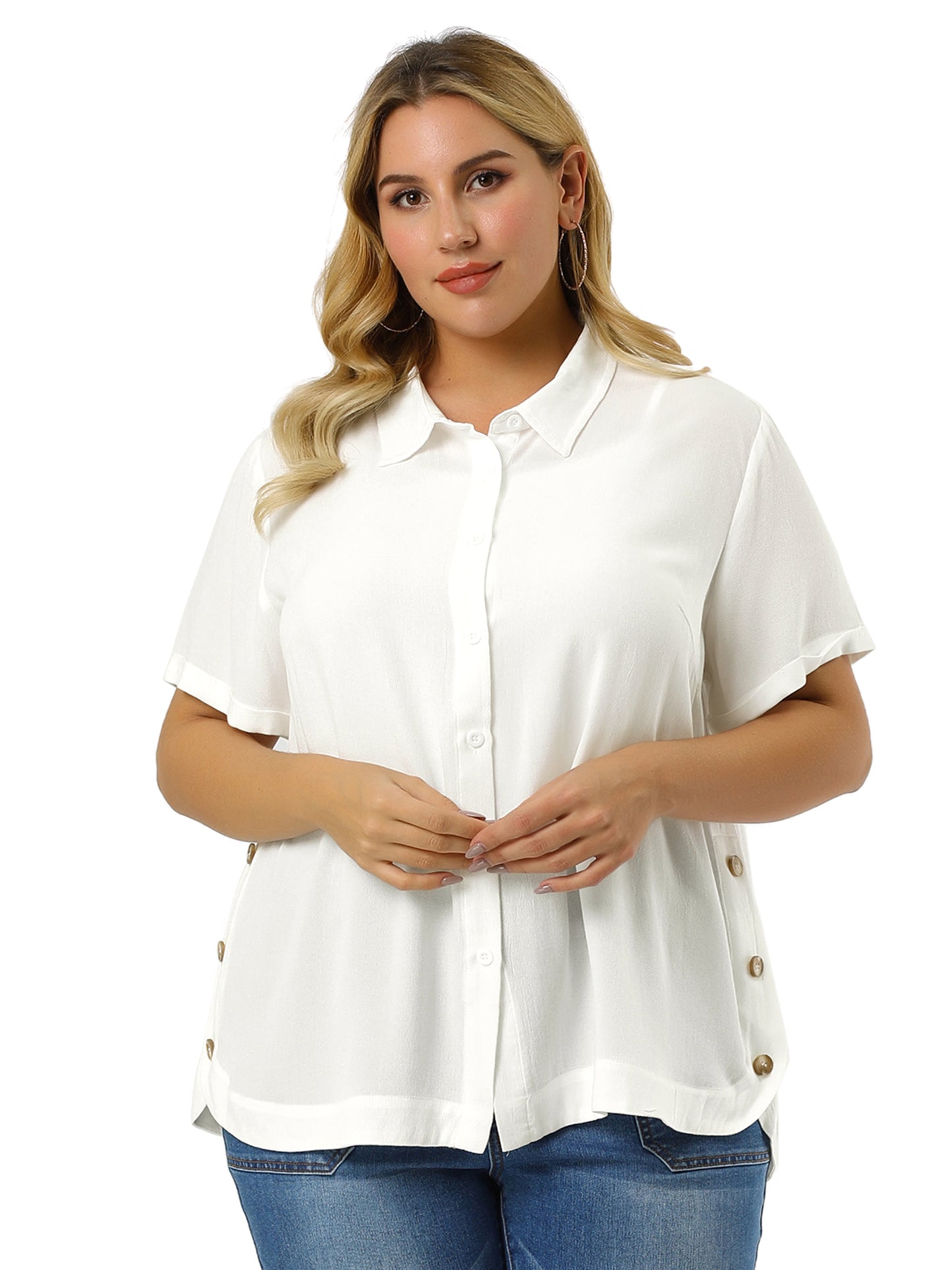 Women Plus Size Shirt Short Sleeve Collar Button Front Work Top