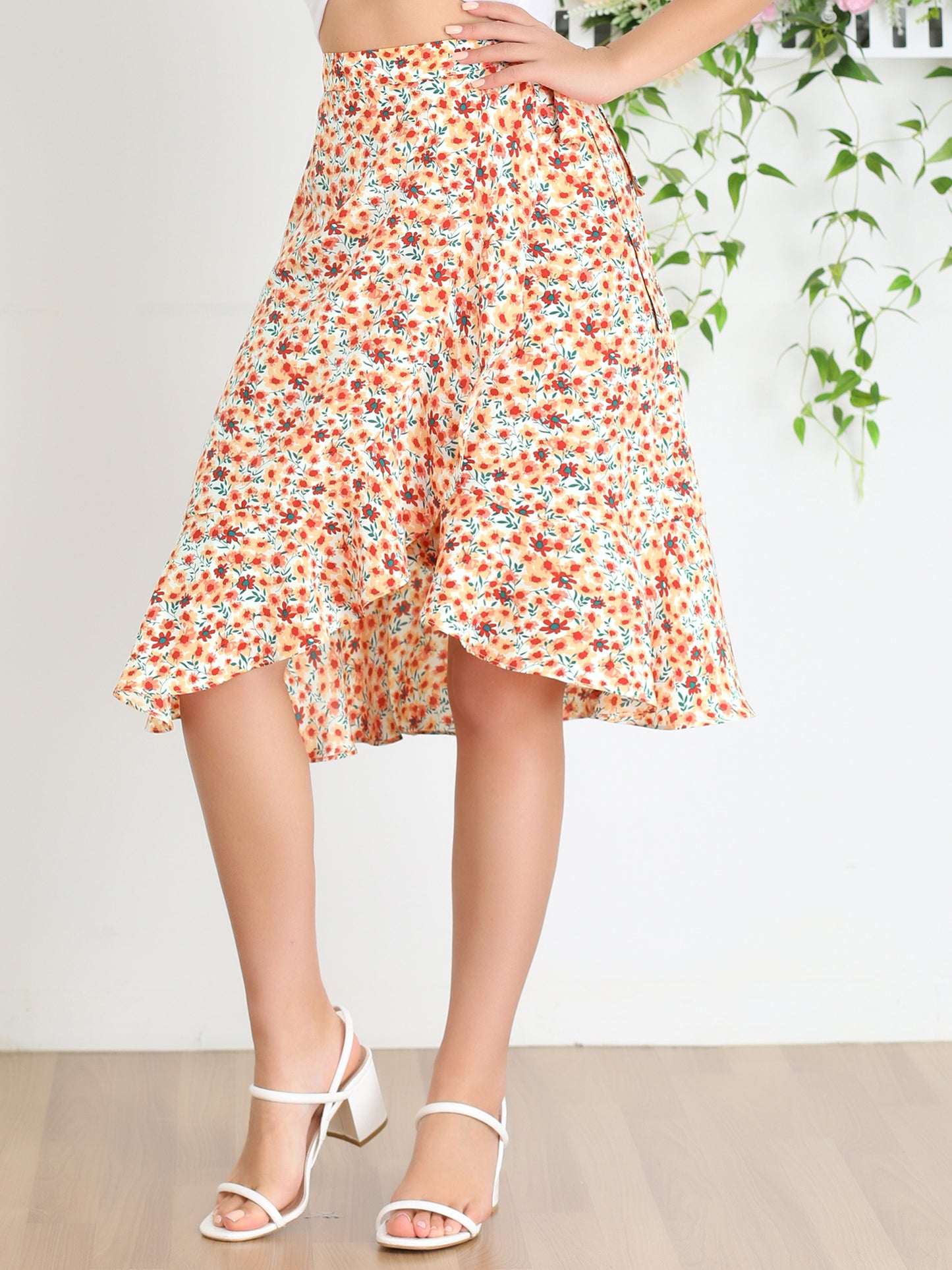 Women's Floral Printed Self Tie Knot High-Low Ruffle Hem Wrap Skirt