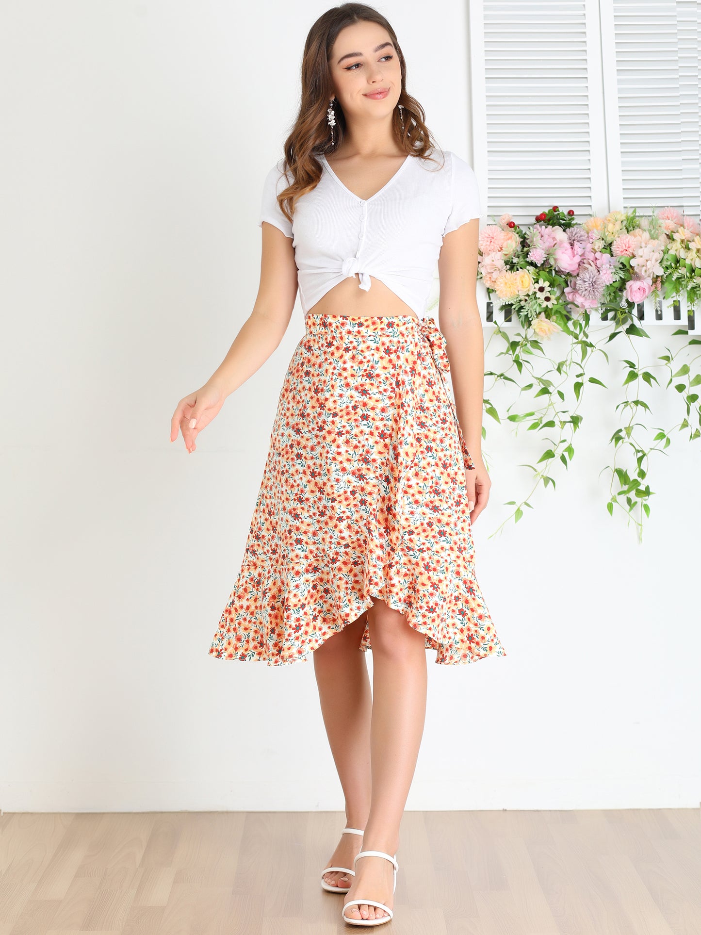 Women's Floral Printed Self Tie Knot High-Low Ruffle Hem Wrap Skirt