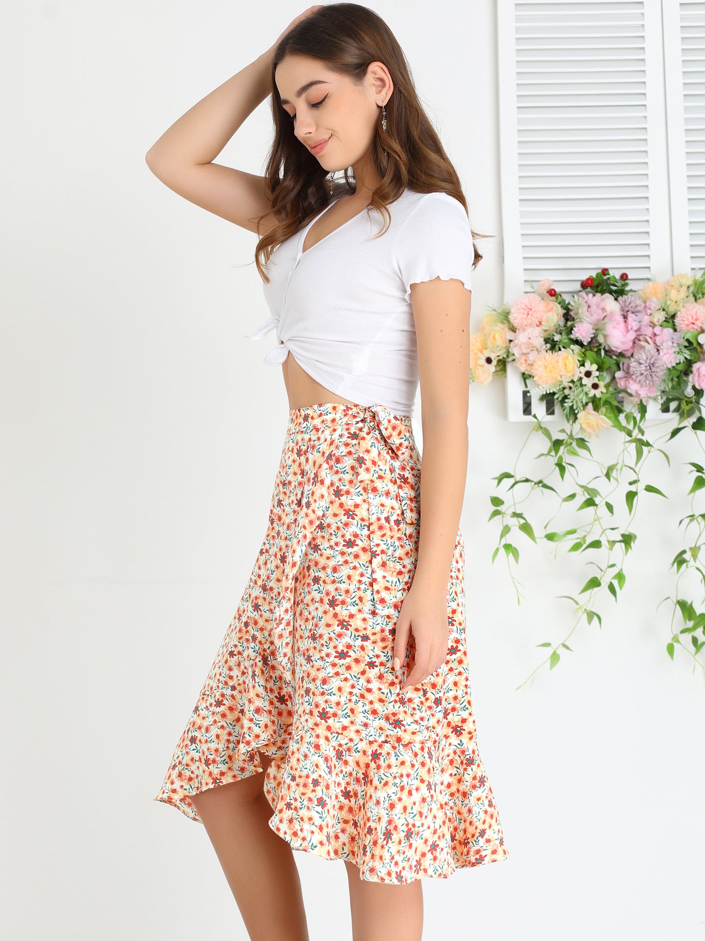 Women's Floral Printed Self Tie Knot High-Low Ruffle Hem Wrap Skirt