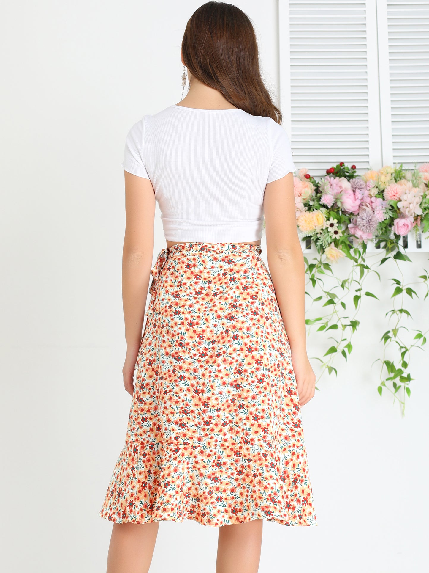 Women's Floral Printed Self Tie Knot High-Low Ruffle Hem Wrap Skirt