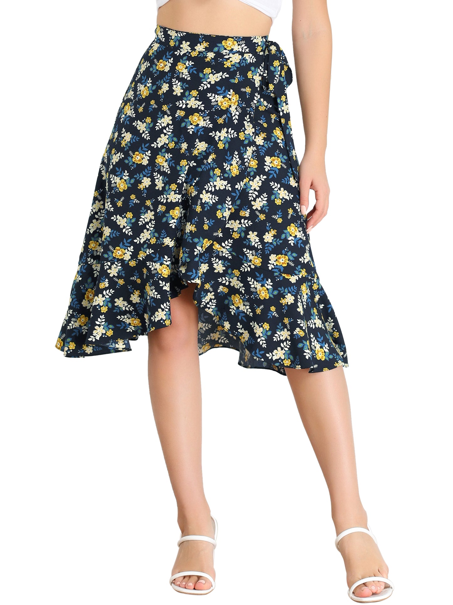 Women's Floral Printed Self Tie Knot High-Low Ruffle Hem Wrap Skirt