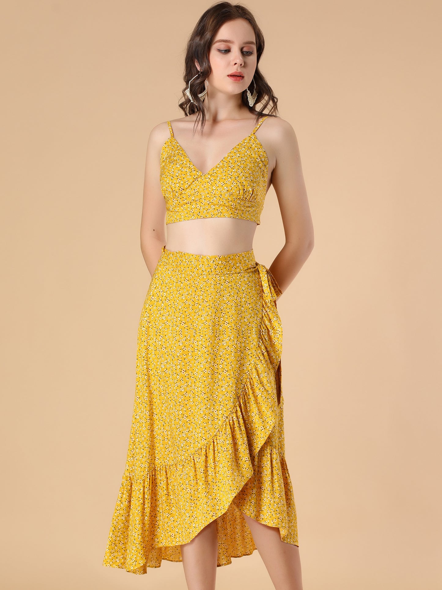 Women's Floral Two Piece Spaghetti Strap Crop Top & Wrap Ruffle Midi Skirt Set