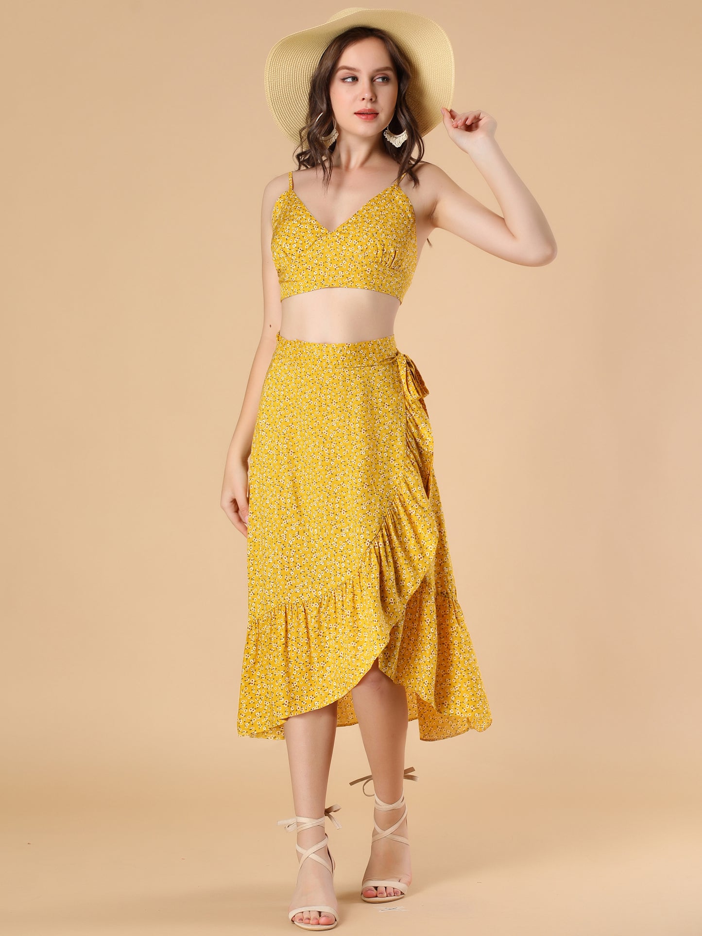 Women's Floral Two Piece Spaghetti Strap Crop Top & Wrap Ruffle Midi Skirt Set