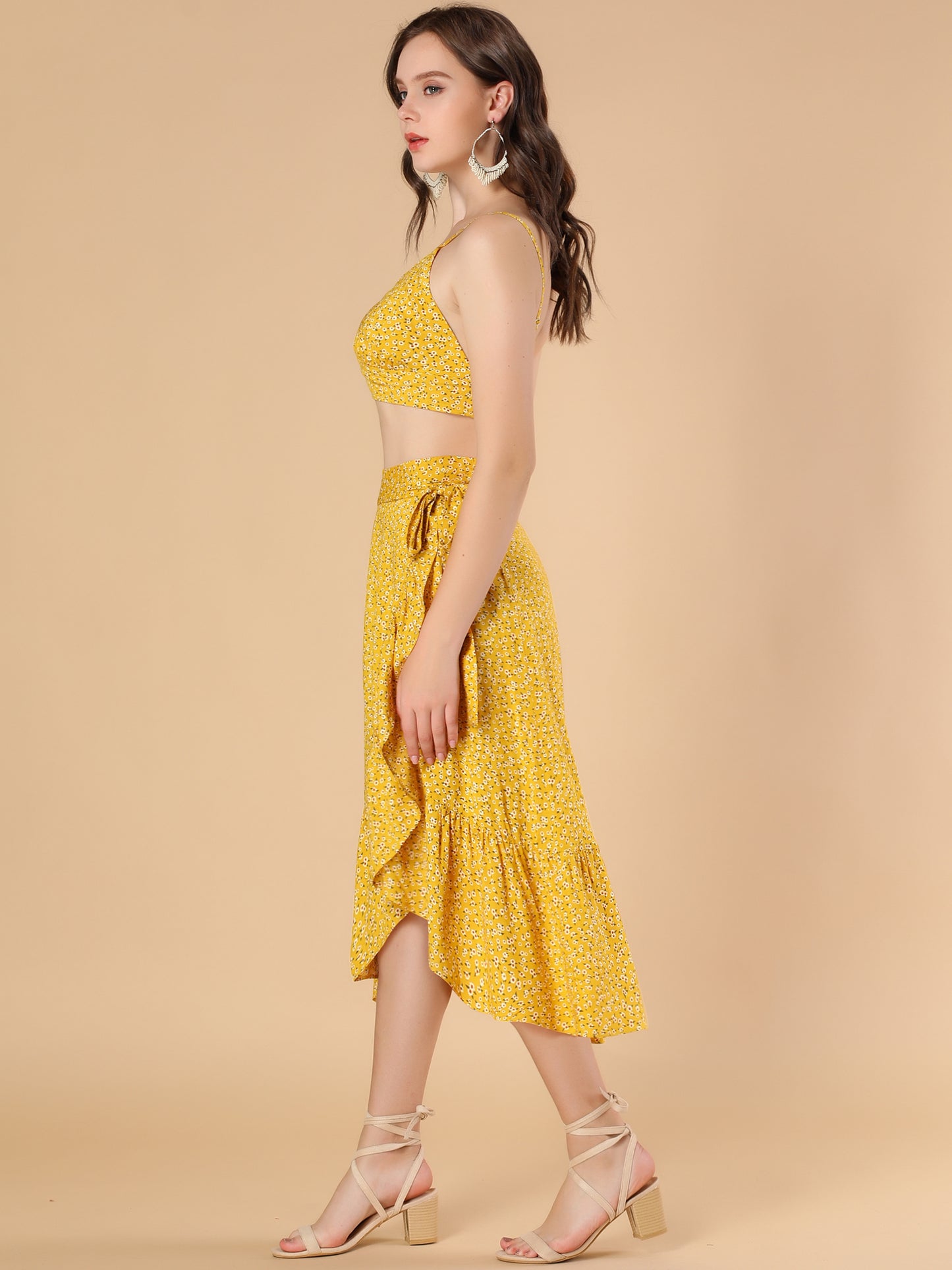 Women's Floral Two Piece Spaghetti Strap Crop Top & Wrap Ruffle Midi Skirt Set
