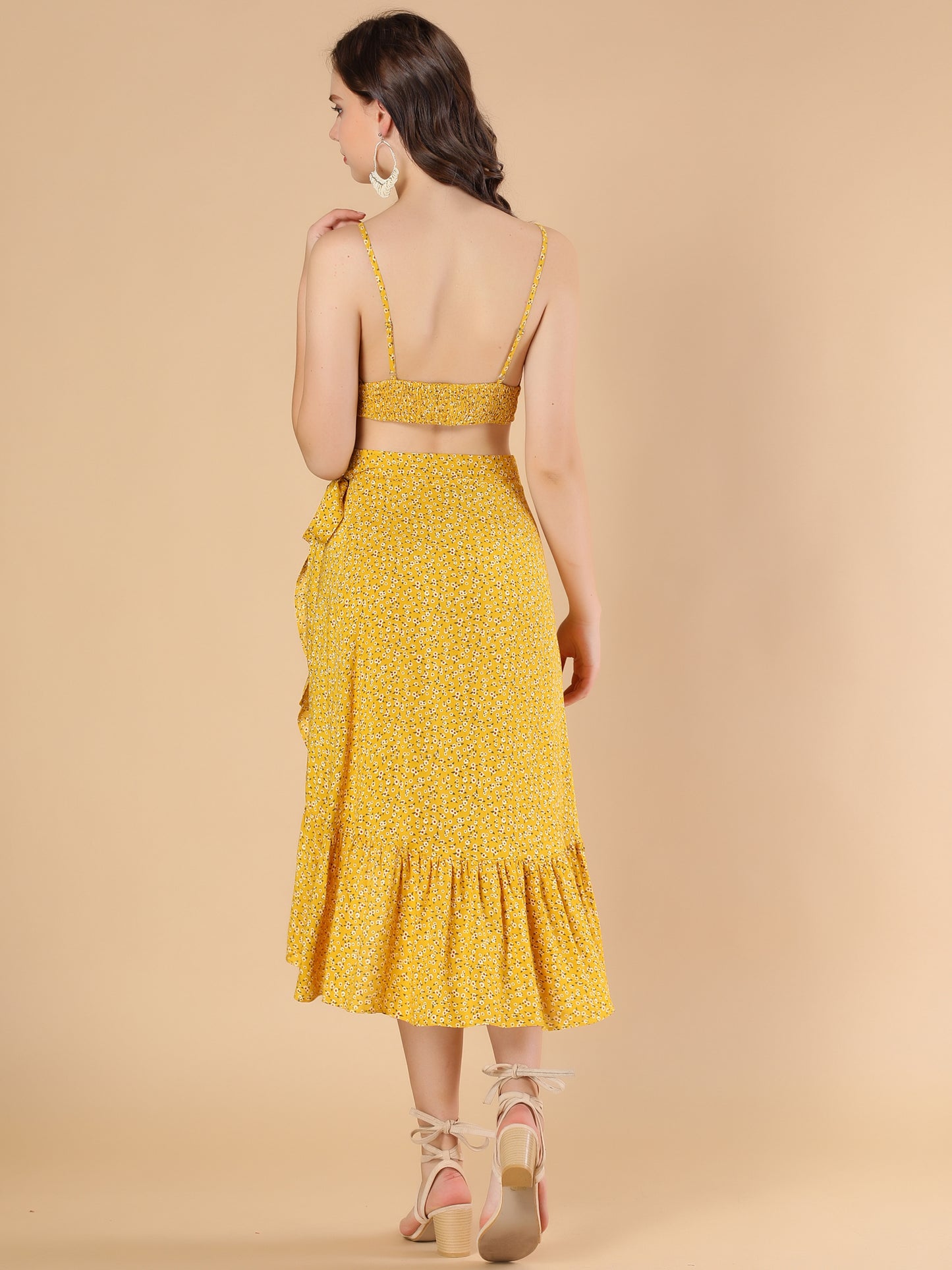 Women's Floral Two Piece Spaghetti Strap Crop Top & Wrap Ruffle Midi Skirt Set