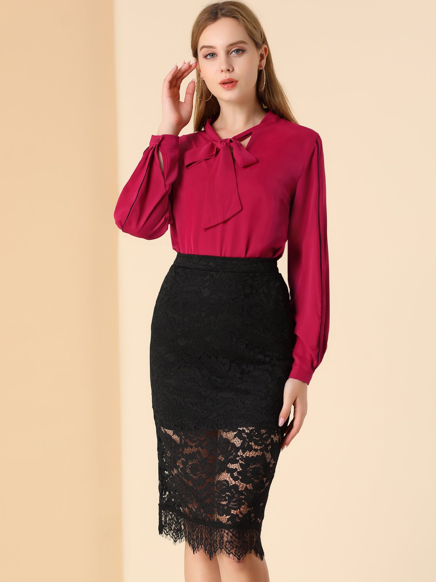 Women's Long Ballon Sleeve Tie V Neck Contrast Piping Loose Elegant Blouse