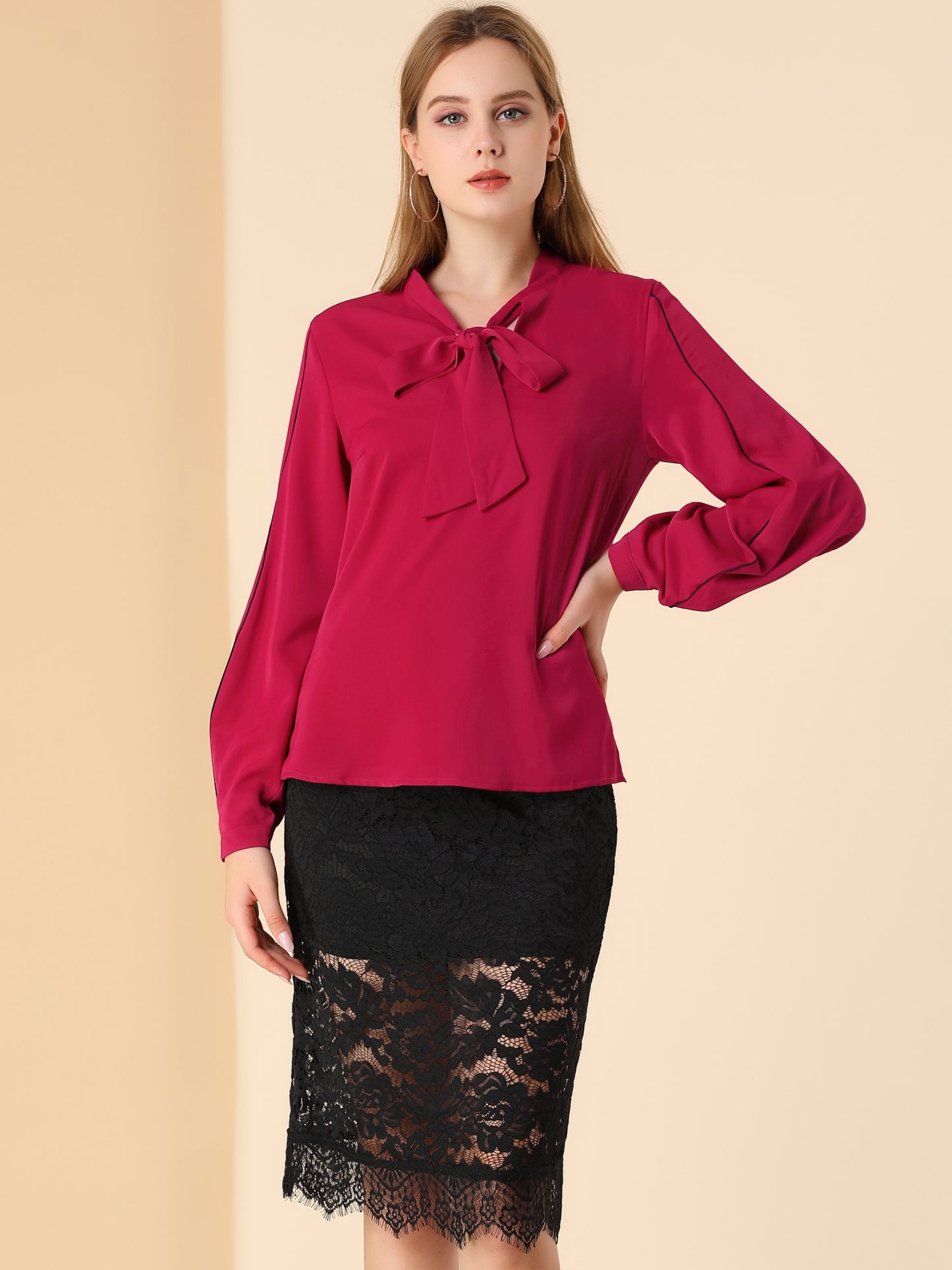 Women's Long Ballon Sleeve Tie V Neck Contrast Piping Loose Elegant Blouse
