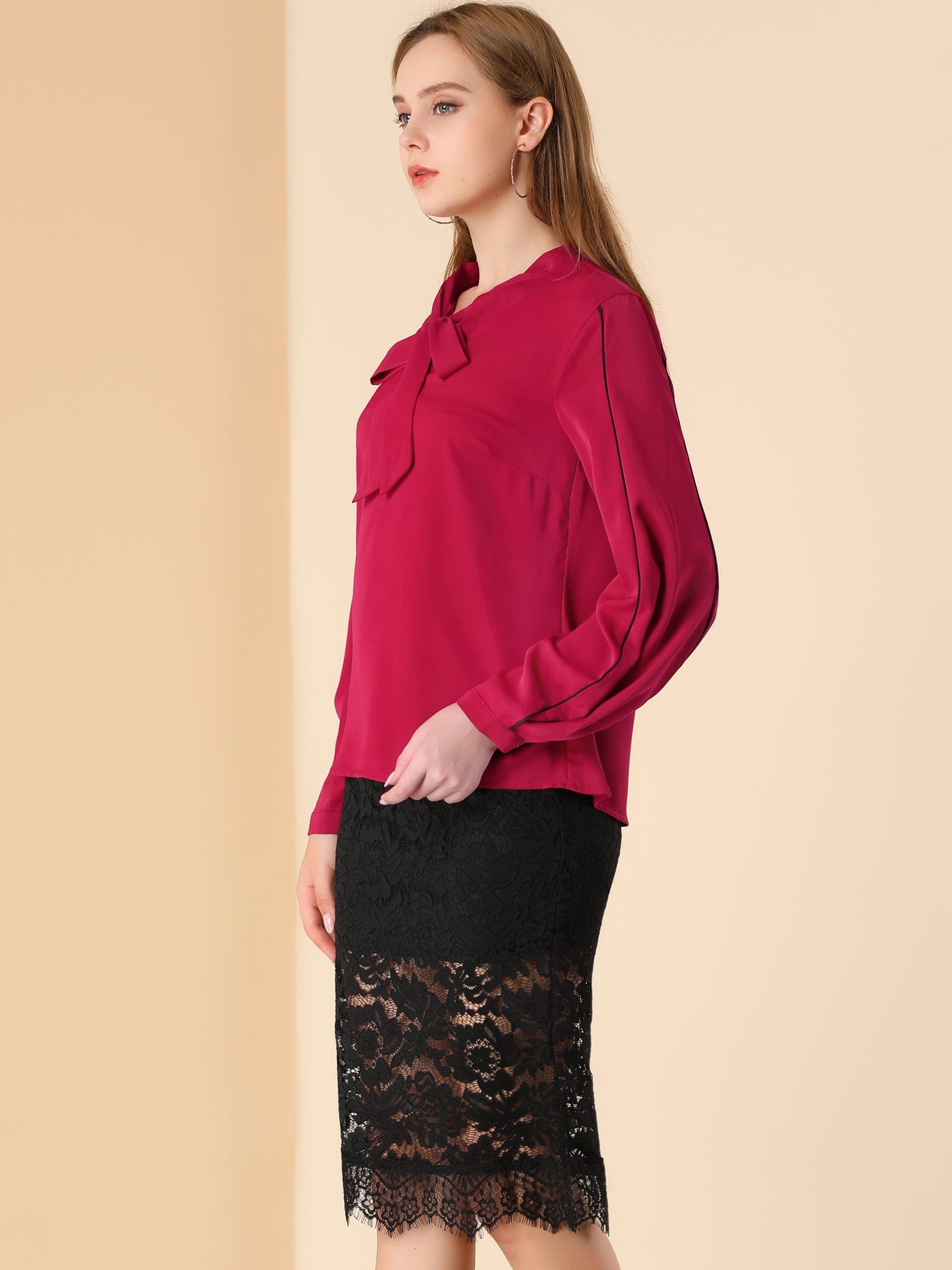 Women's Long Ballon Sleeve Tie V Neck Contrast Piping Loose Elegant Blouse