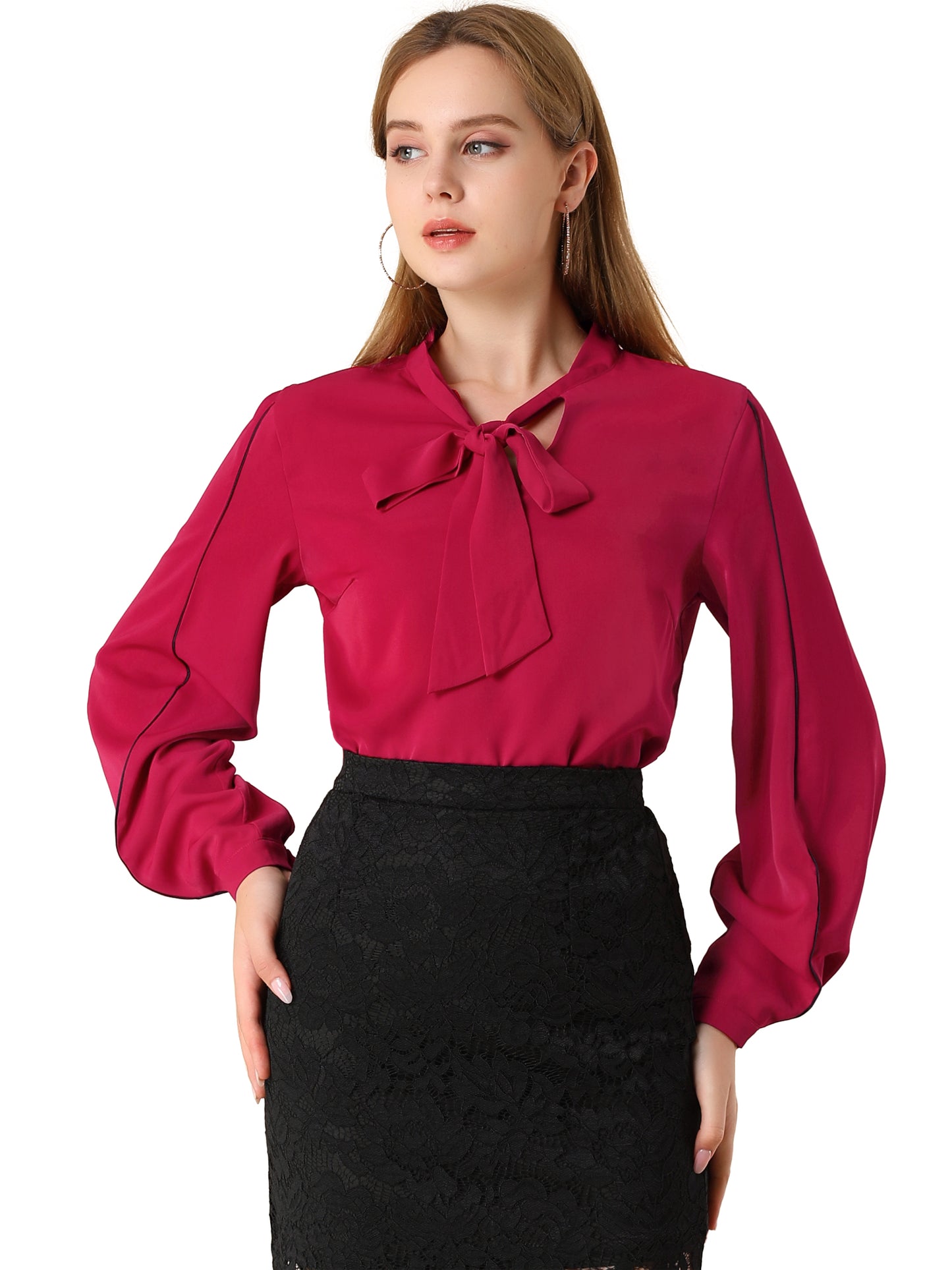 Women's Long Ballon Sleeve Tie V Neck Contrast Piping Loose Elegant Blouse