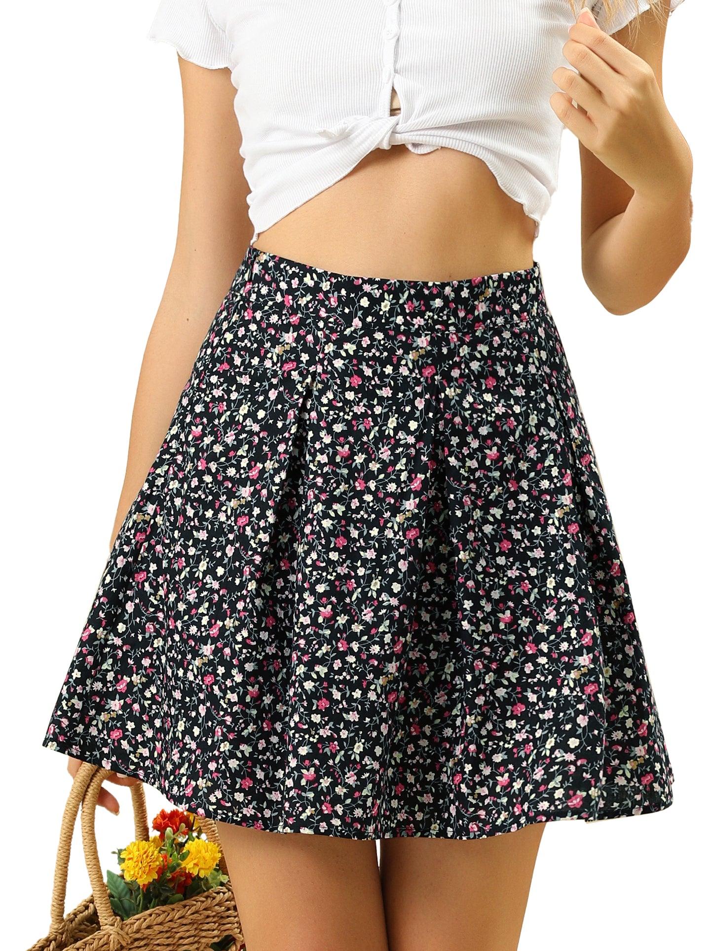 Minifalda vintage floral de cintura alta con pliegues delanteros en forma de A para mujer