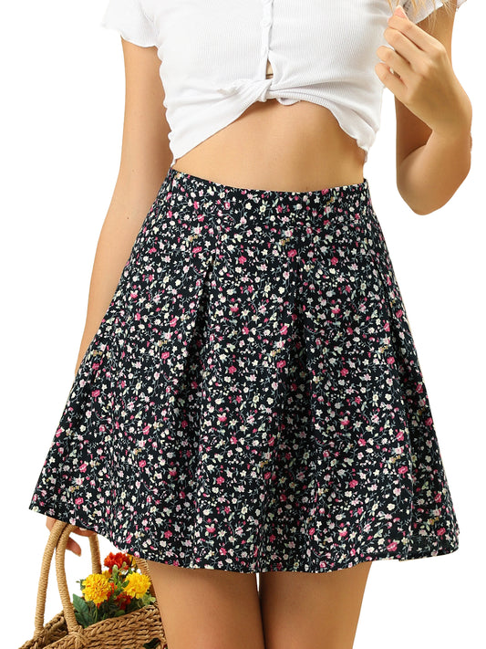 Women's A-Line Pleated Front High Waist Vintage Floral Mini Skirt