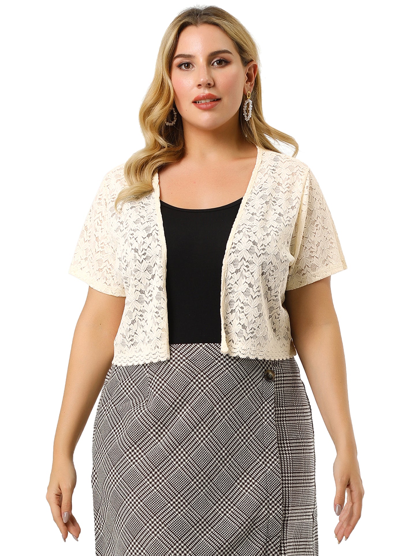 Women Plus Size Bolero Shrugs Open Front Short Sleeve Crochet Lace Cropped Cardigans