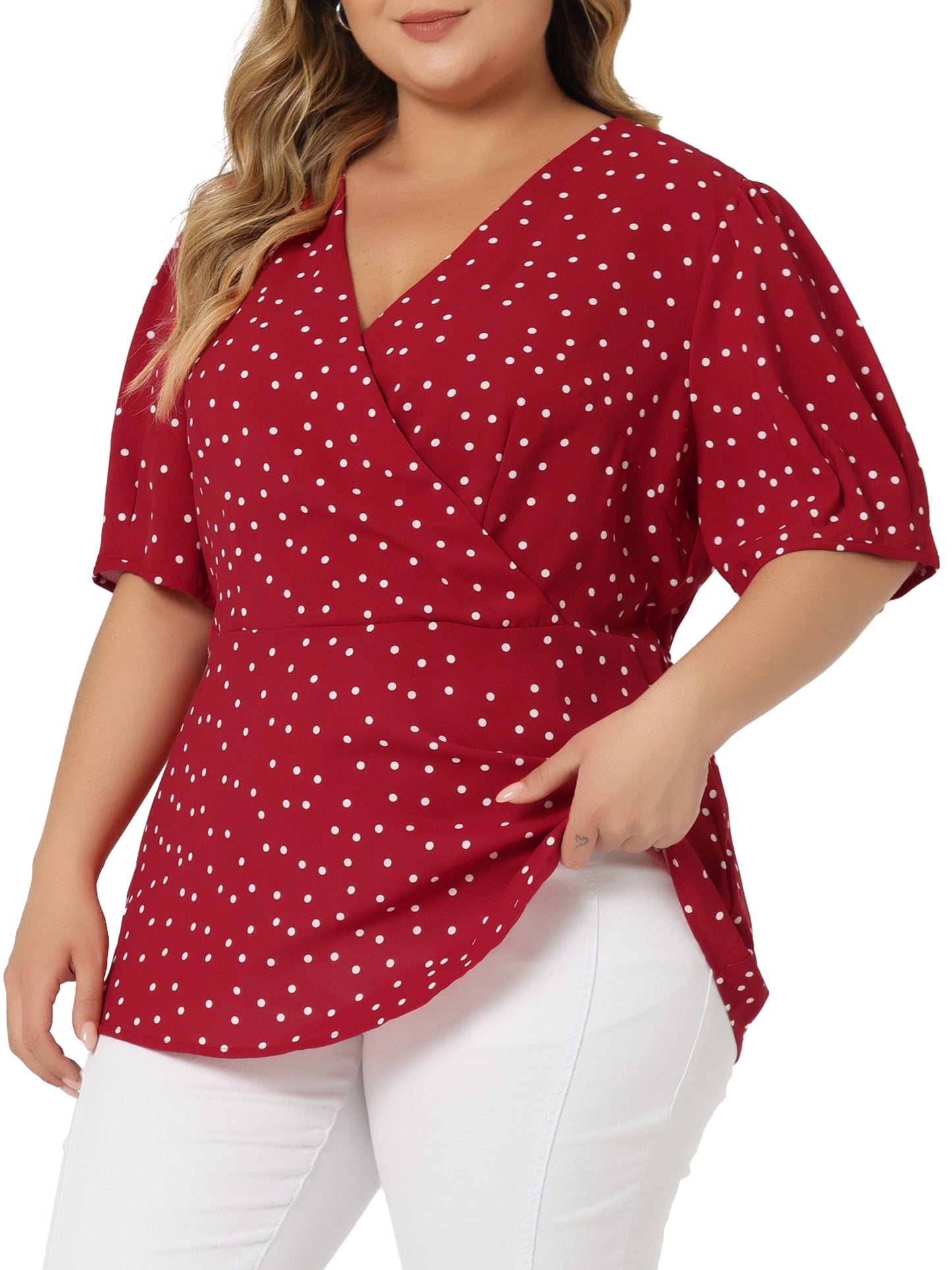 Women Plus Size Summer V Neck Wrap Short Sleeve Polka Dots Peplum Top