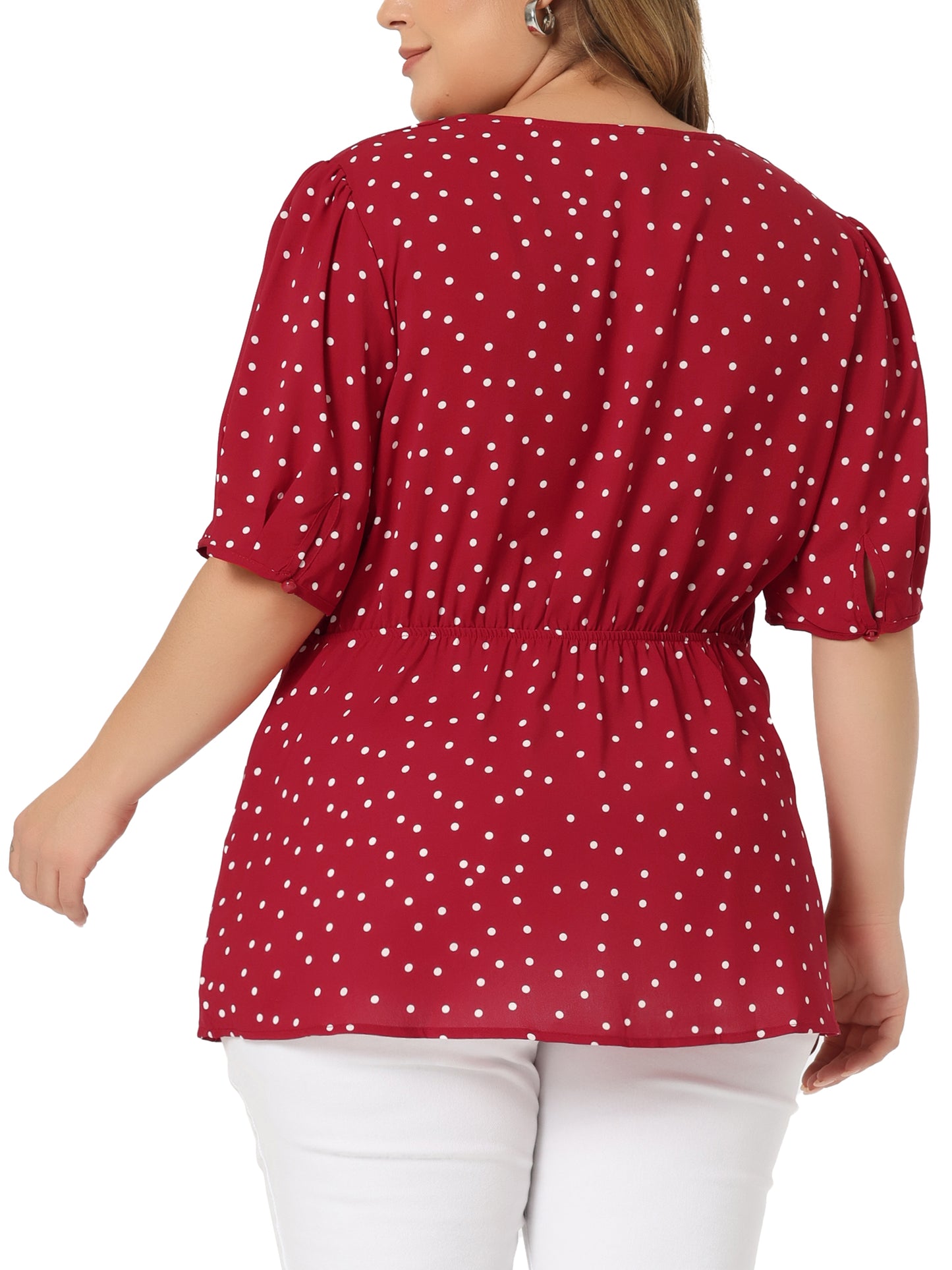 Women Plus Size Summer V Neck Wrap Short Sleeve Polka Dots Peplum Top