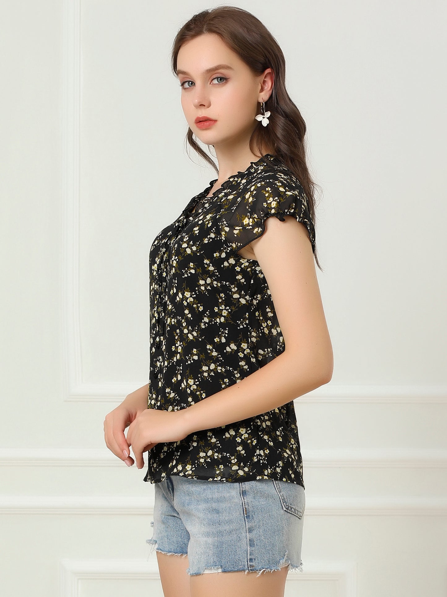 Women's Floral Summer V Neck Short Cap Sleeve Ruffle Chiffon Blouse