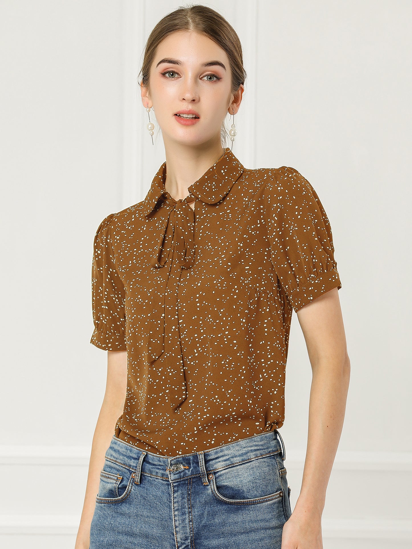 Blusa de gasa con cuello Peter Pan y pajarita estampada retro para mujer
