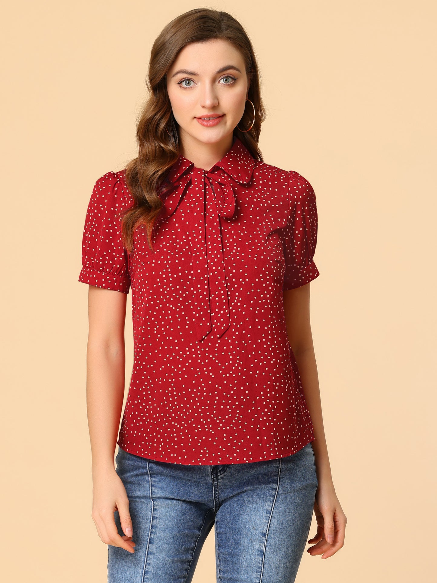 Women's Retro Printed Bow Tie Peter Pan Collar Chiffon Blouse Shirt (Available in Plus Size)