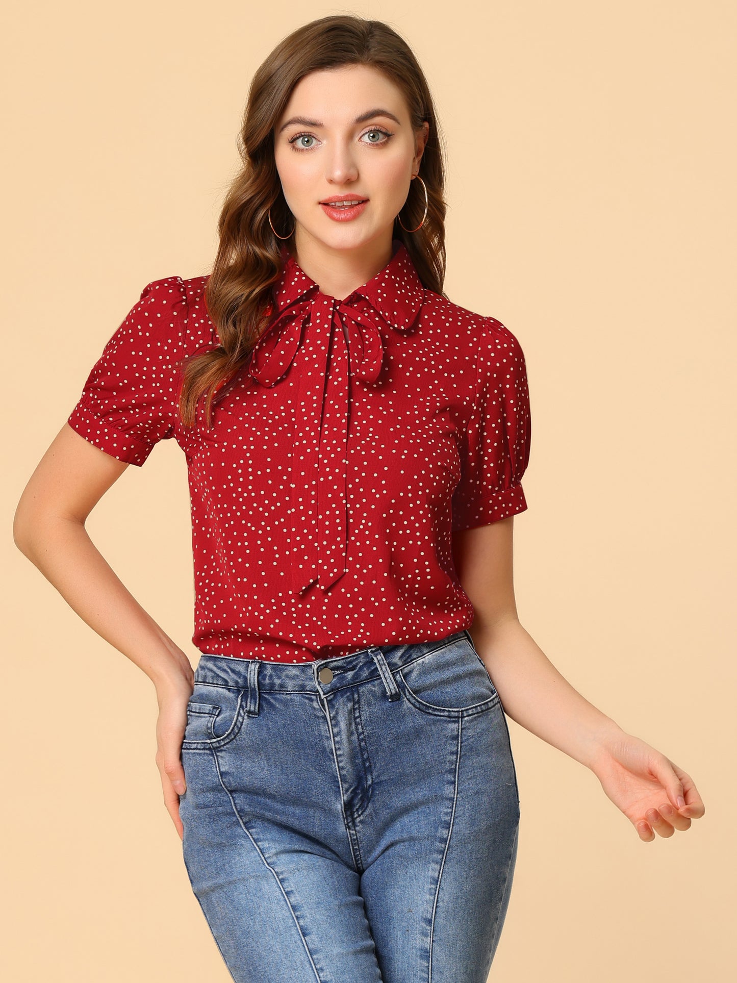 Women's Retro Printed Bow Tie Peter Pan Collar Chiffon Blouse Shirt (Available in Plus Size)