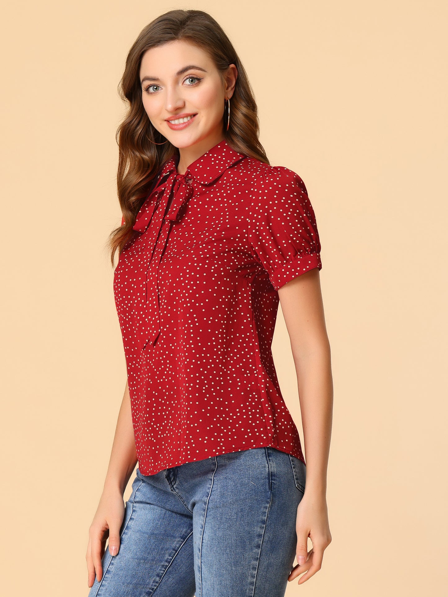 Women's Retro Printed Bow Tie Peter Pan Collar Chiffon Blouse Shirt (Available in Plus Size)