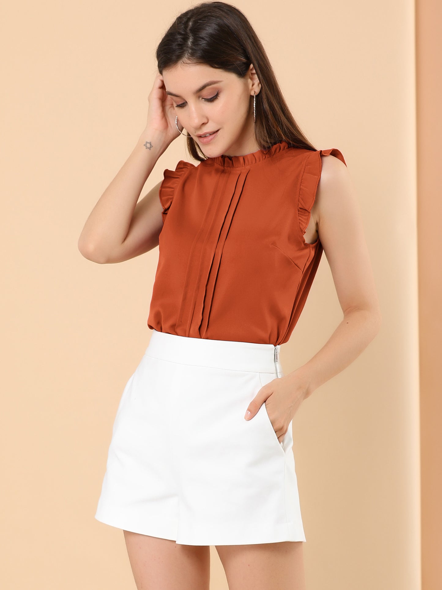 Women's Business Casual Sleeveless Ruffle Blouse Top (Available in Plus Size)