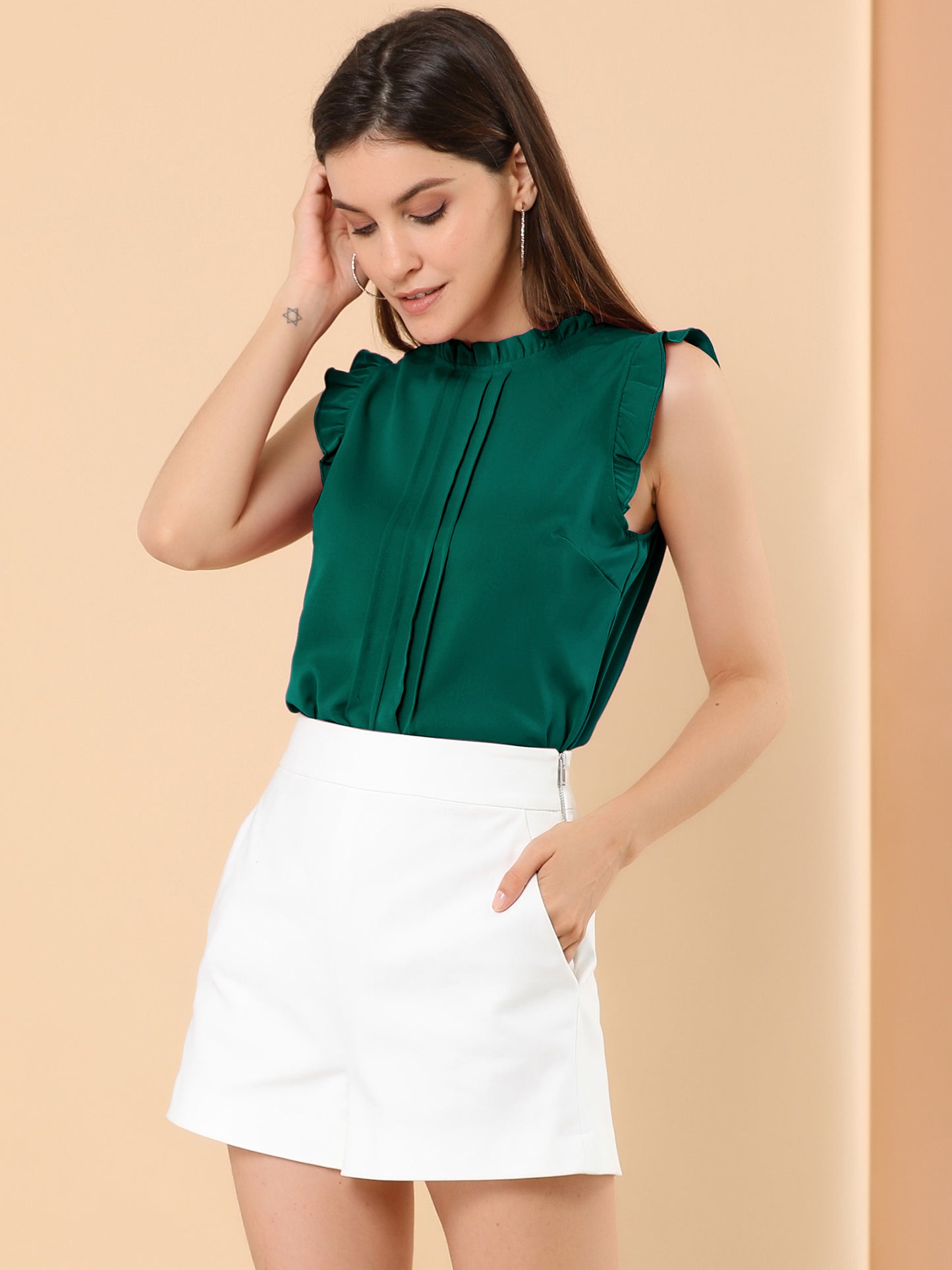 Women's Business Casual Sleeveless Ruffle Blouse Top (Available in Plus Size)