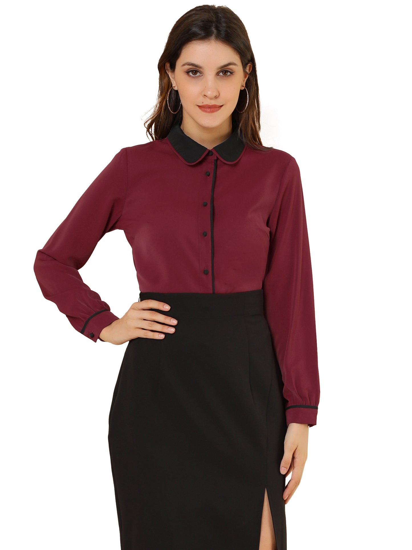 Women's Long Sleeve Contrast Peter Pan Collar Office Work Button Down Shirt