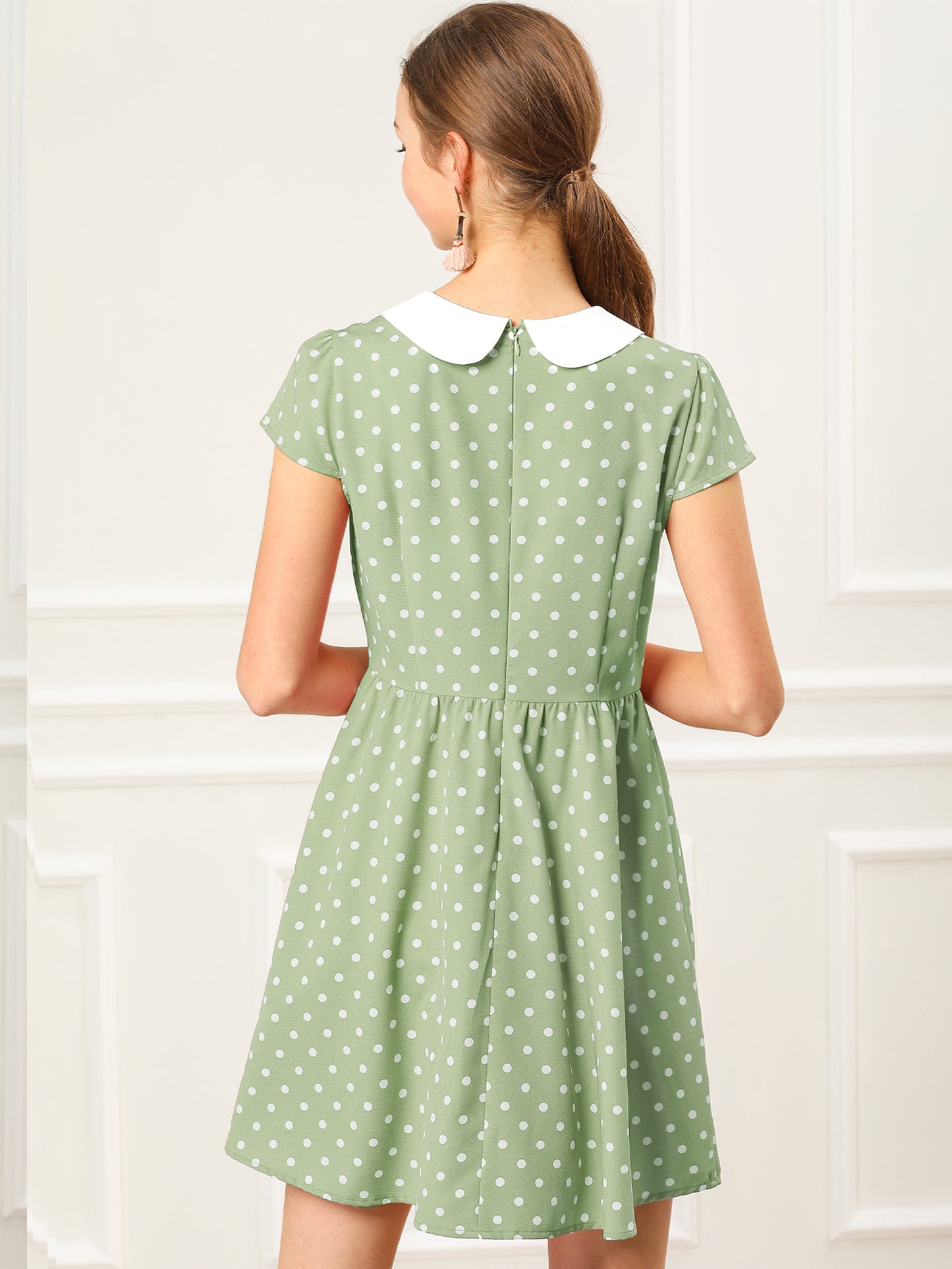 Women's Peter Pan Collar Short Sleeves Contrast A-Line Polka Dots Dress