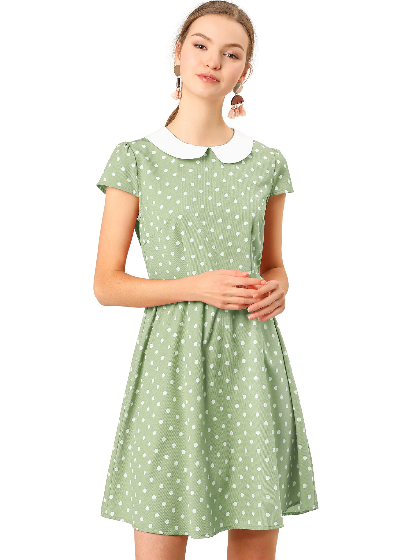 Women's Peter Pan Collar Short Sleeves Contrast A-Line Polka Dots Dress