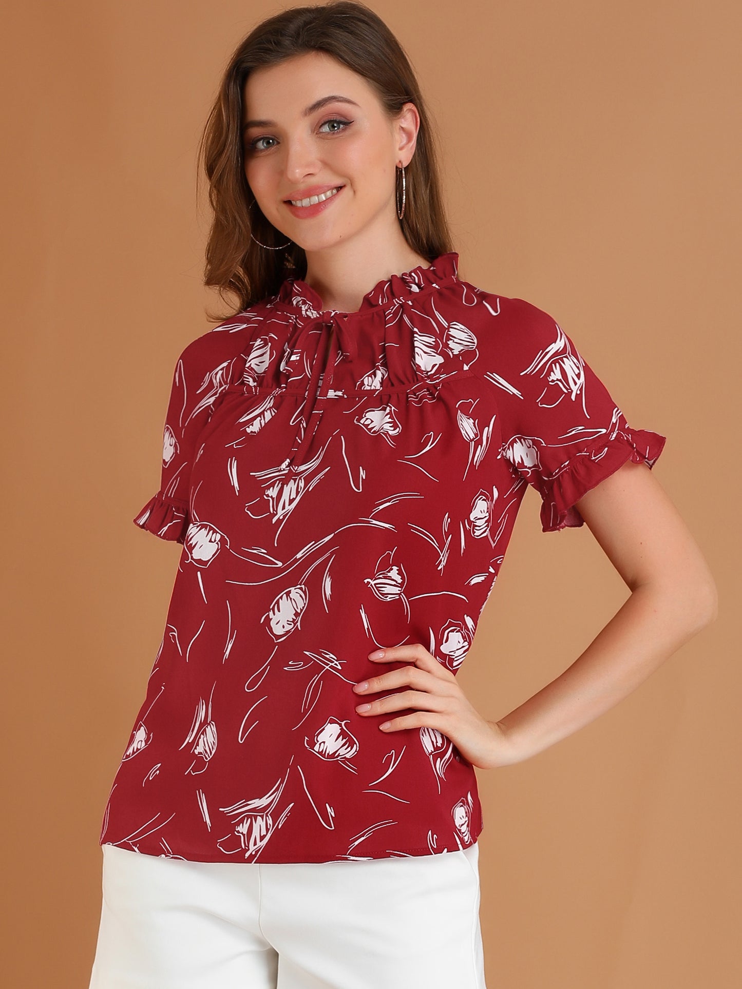 Women's Floral Tie Neck Ruffle Short Sleeves Peasant Blouse