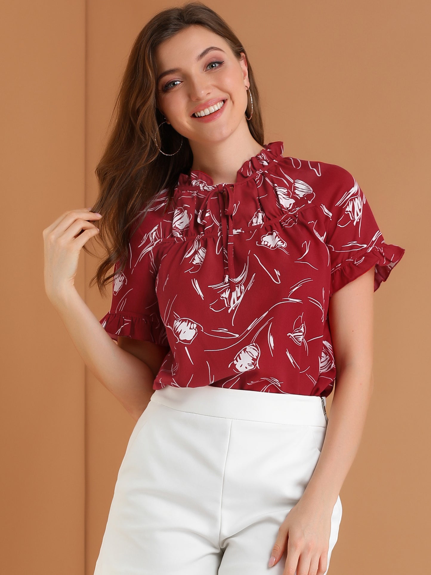 Women's Floral Tie Neck Ruffle Short Sleeves Peasant Blouse