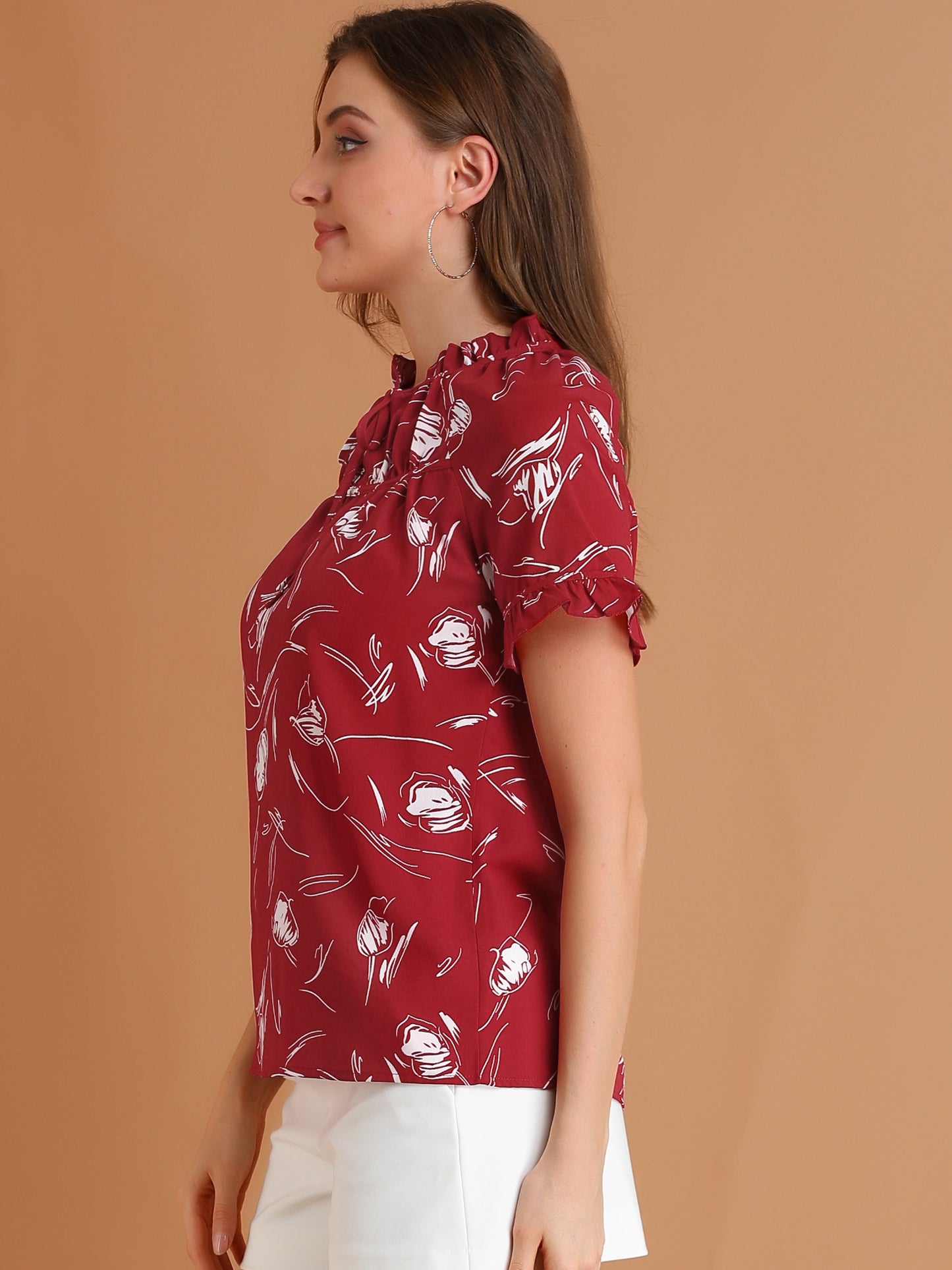 Women's Floral Tie Neck Ruffle Short Sleeves Peasant Blouse
